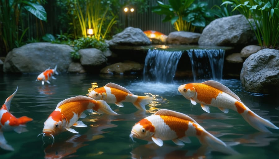 Illuminated garden pond at night with underwater lights highlighting swimming koi fish