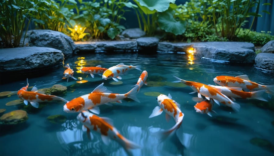 Small garden pond at night with underwater lights creating a magical glow beneath the surface