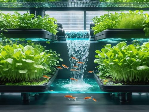 Artistic illustration of an NFT aquaponics system in an urban environment, featuring interconnected channels with flowing water, vibrant green plants like lettuce and herbs, and fish swimming underneath, highlighting sustainable gardening.