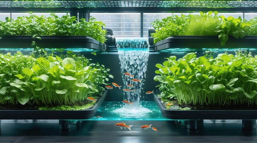 Artistic illustration of an NFT aquaponics system in an urban environment, featuring interconnected channels with flowing water, vibrant green plants like lettuce and herbs, and fish swimming underneath, highlighting sustainable gardening.