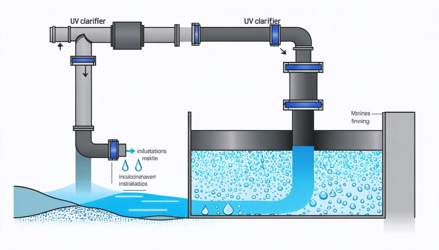 Technical diagram illustrating UV clarifier setup and operation in pond system