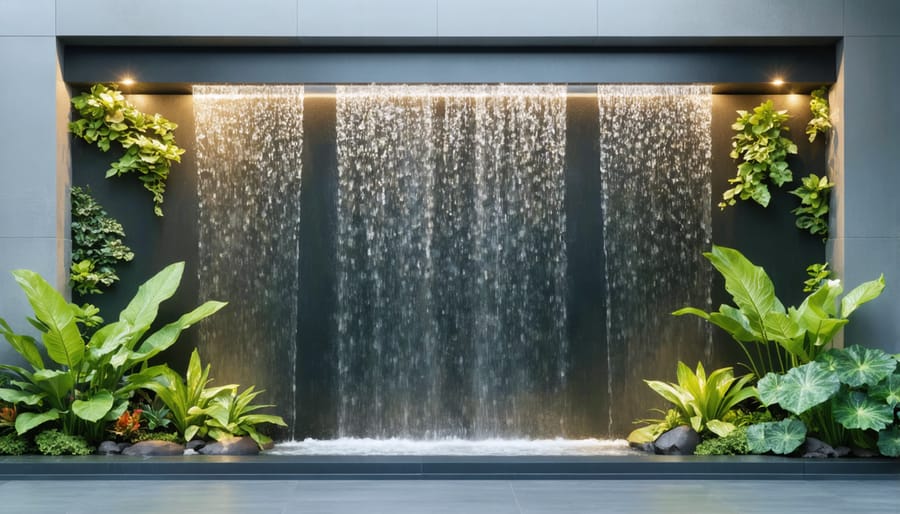 Vertical wall fountain with hanging plants and flowing water in small garden space