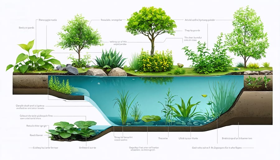 Illustrated cross-section of a pond ecosystem showing floating plants, submerged vegetation, and different water depths