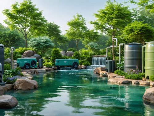 A serene water garden with visible emergency preparedness tools such as rain barrels, automatic water filtration systems, and a backup generator, surrounded by lush greenery and clear skies.