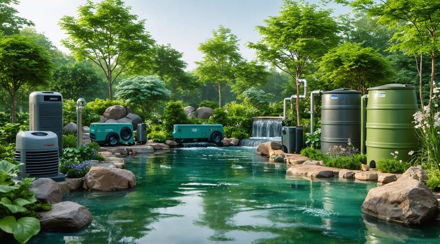 A serene water garden with visible emergency preparedness tools such as rain barrels, automatic water filtration systems, and a backup generator, surrounded by lush greenery and clear skies.