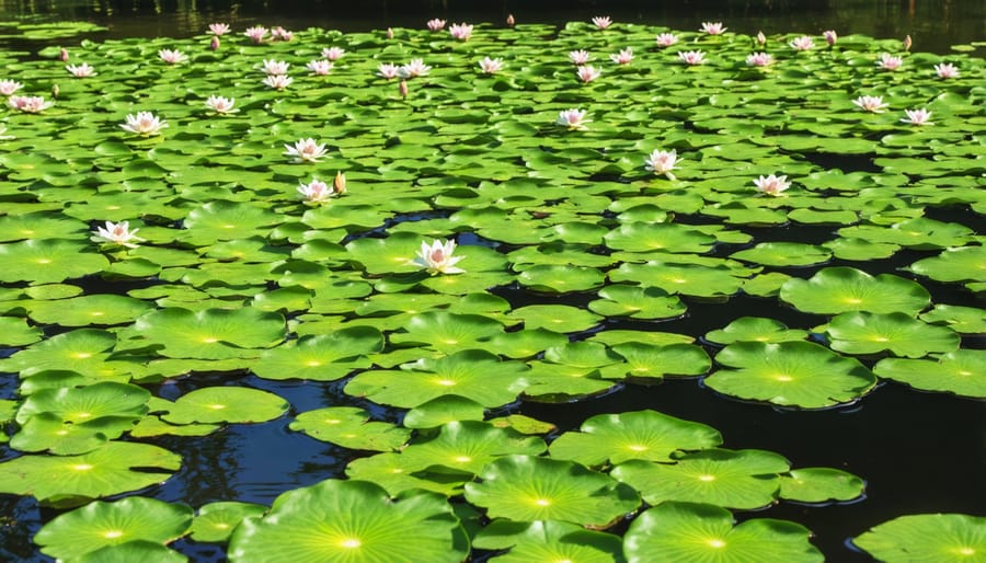 Purple-flowering water hyacinth plants completely covering a water surface