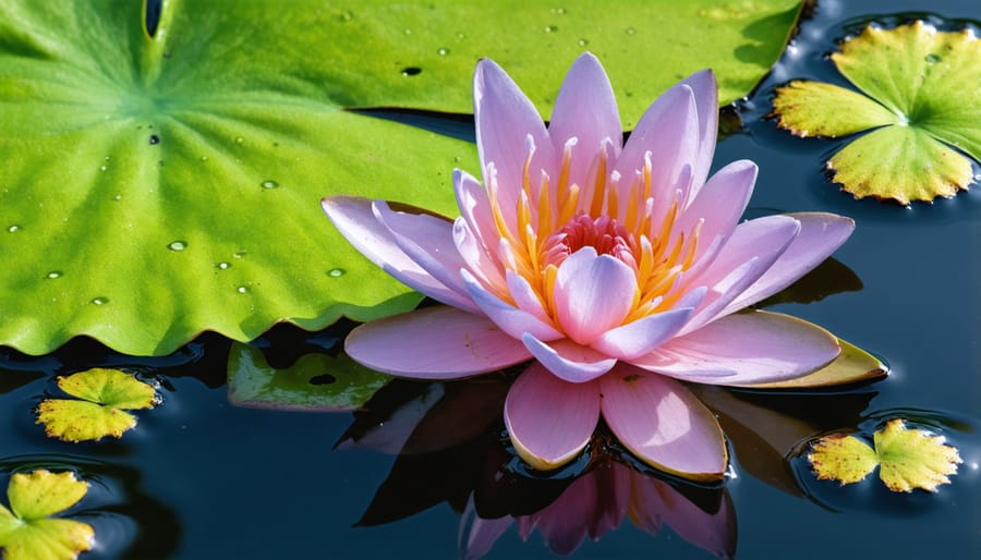 Blooming pink water lily with pad floating among small duckweed plants