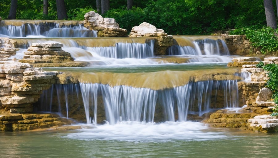 Close-up of garden waterfall showing natural rock arrangement and water flow patterns