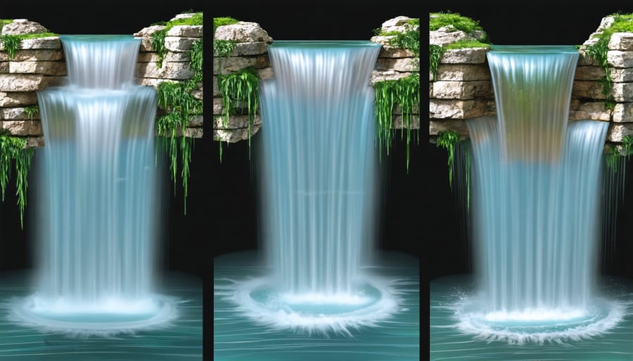 Comparison of three waterfall designs: single-drop cascade, stepped waterfall, and multi-tiered waterfall