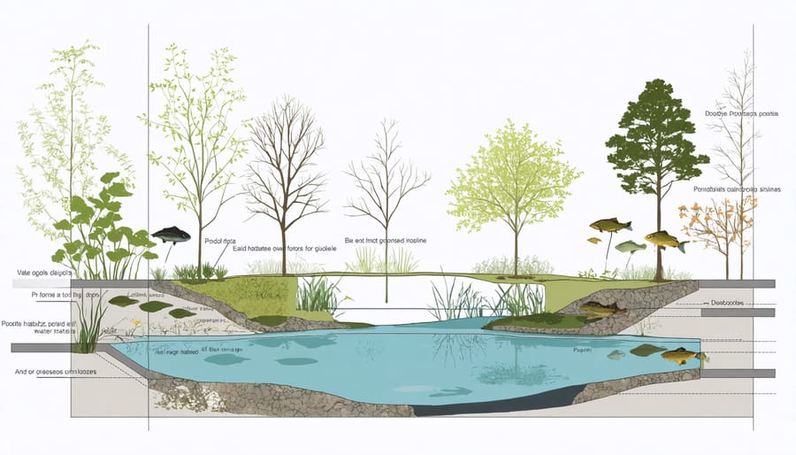 Cross-sectional illustration of waterfowl pond design with labeled zones for different vegetation types and water levels