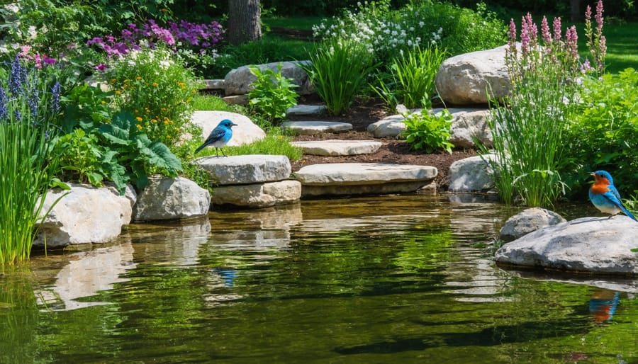 Water garden designed for wildlife with various habitat zones and visiting fauna