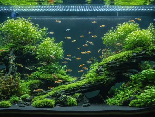 An expertly arranged and vibrant aquarium demonstrating advanced aquascaping techniques with a focus on the golden ratio, depth, and plant selection.