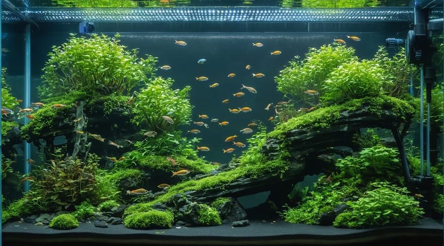 An expertly arranged and vibrant aquarium demonstrating advanced aquascaping techniques with a focus on the golden ratio, depth, and plant selection.