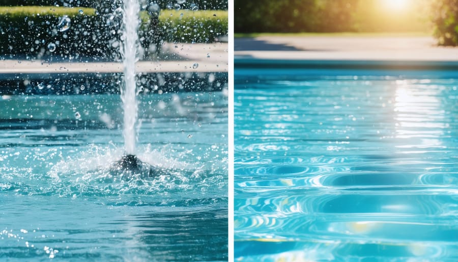 Split image showing a surface fountain aerator and underwater bubbles from a bottom diffuser system