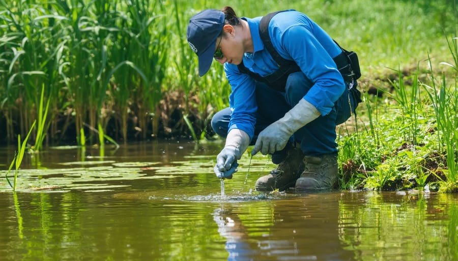 Scientist testing water quality parameters in a well-maintained pond with water lilies and other aquatic vegetation