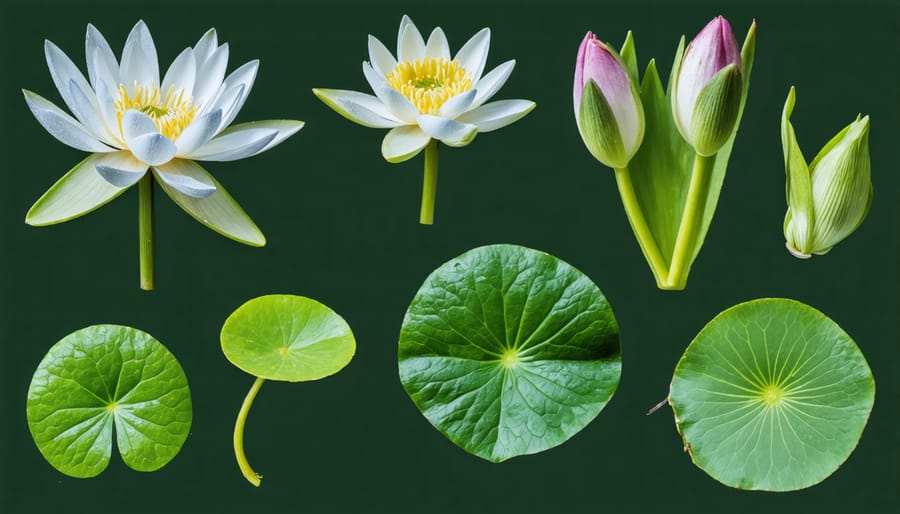 Various pond plants showing submerged, floating, and marginal species