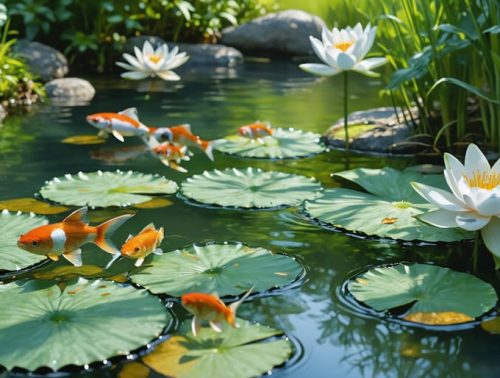 An illustrated backyard pond ecosystem showcasing floating water lilies, colorful fish, and submerged plants, surrounded by greenery, highlighting aquatic harmony and educational value.