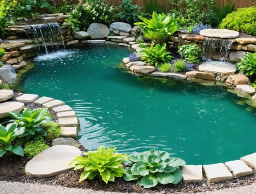 A tranquil backyard with a kidney-shaped pond featuring natural stone edges and lush aquatic plants, creating a serene retreat.