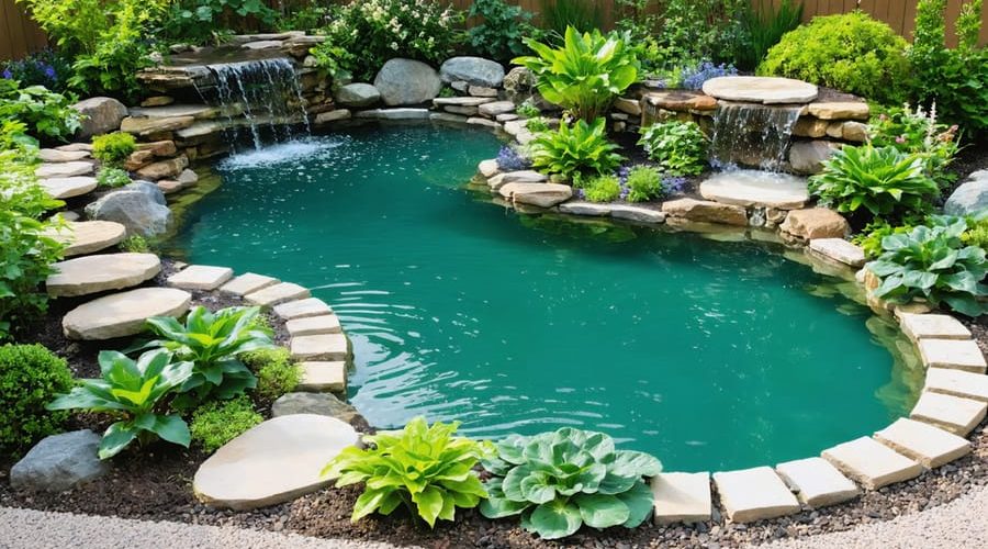 A tranquil backyard with a kidney-shaped pond featuring natural stone edges and lush aquatic plants, creating a serene retreat.