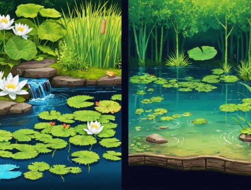 Split-view image of a backyard pond demonstrating natural water filtration by aquatic plants and beneficial bacteria, highlighting the pond's ecological and well-being benefits.