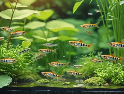 A vibrant backyard pond teeming with colorful zebrafish swimming among lush aquatic plants, illustrating a thriving ecosystem.