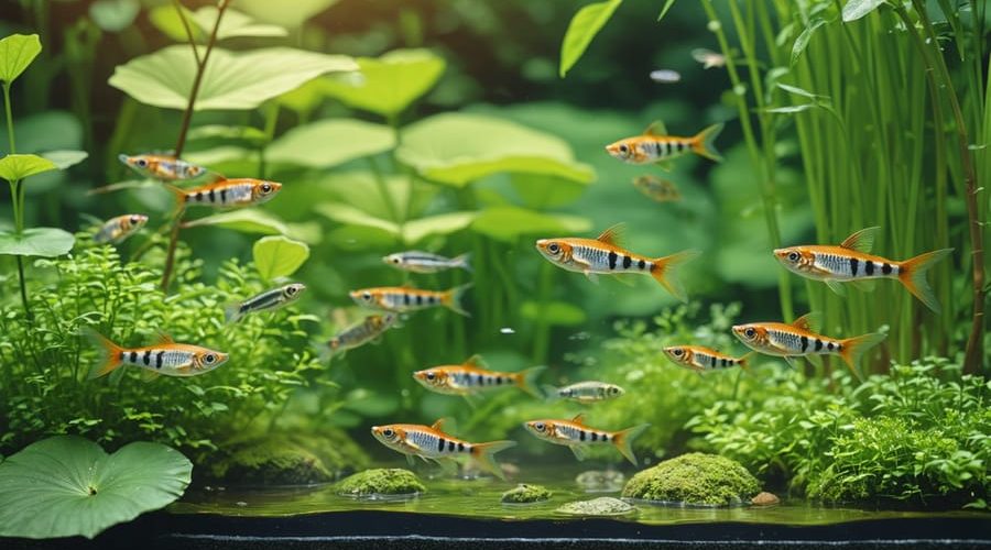 A vibrant backyard pond teeming with colorful zebrafish swimming among lush aquatic plants, illustrating a thriving ecosystem.