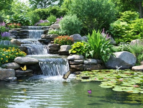 A peaceful backyard water garden featuring a stream flowing into a pond, surrounded by lush greenery, vibrant aquatic plants, and gentle waterfalls, creating a tranquil outdoor environment.