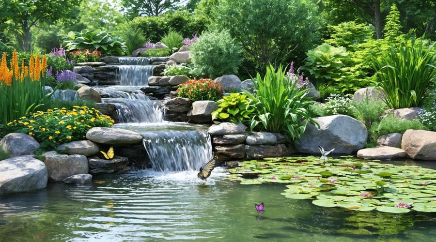 A peaceful backyard water garden featuring a stream flowing into a pond, surrounded by lush greenery, vibrant aquatic plants, and gentle waterfalls, creating a tranquil outdoor environment.