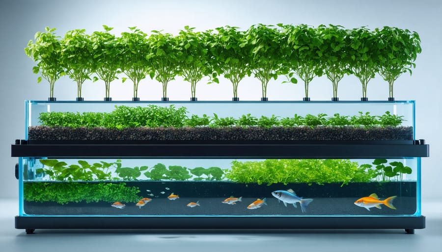 Functioning aquaponics system with thriving plants and active fish