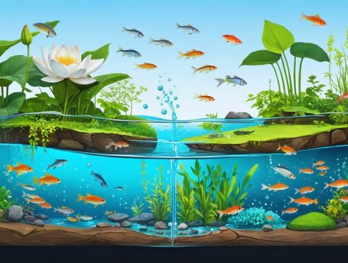 Detailed cross-section illustration of a healthy water garden ecosystem at various depths, depicting floating plants, fish, and microorganisms across the surface, middle, and bottom zones.