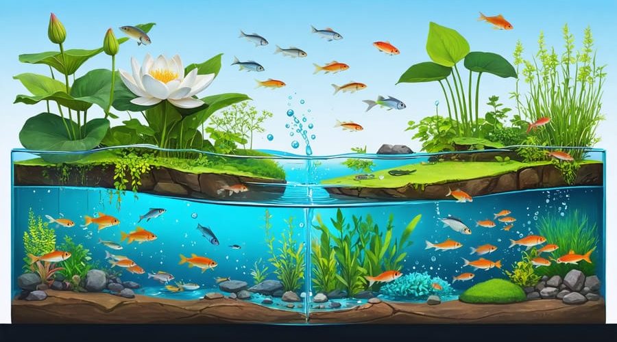 Detailed cross-section illustration of a healthy water garden ecosystem at various depths, depicting floating plants, fish, and microorganisms across the surface, middle, and bottom zones.