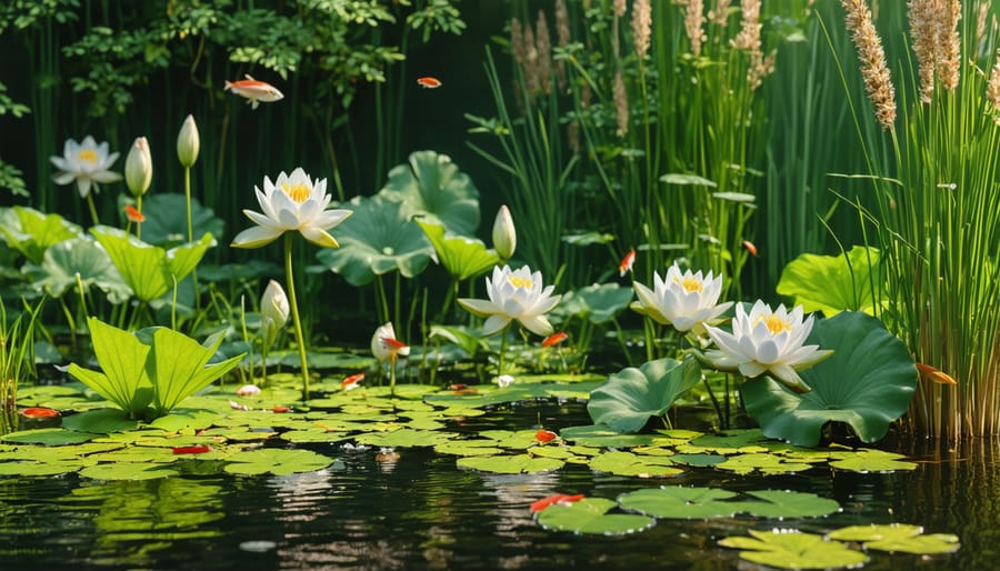 Healthy pond ecosystem demonstrating natural balance with aquatic plants and fish