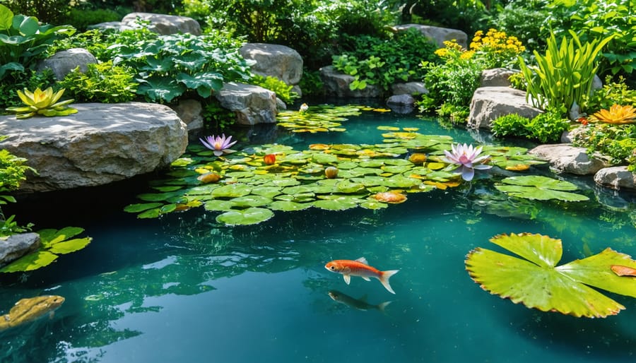 Healthy garden pond ecosystem displaying multiple layers of aquatic plants and fish