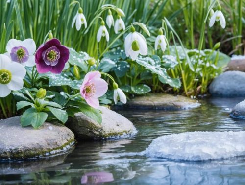 A winter pond adorned with vibrant Hellebores in shades of white, pink, and purple, surrounded by snowdrops and bright yellow winter aconites, reflecting on the water's icy surface.