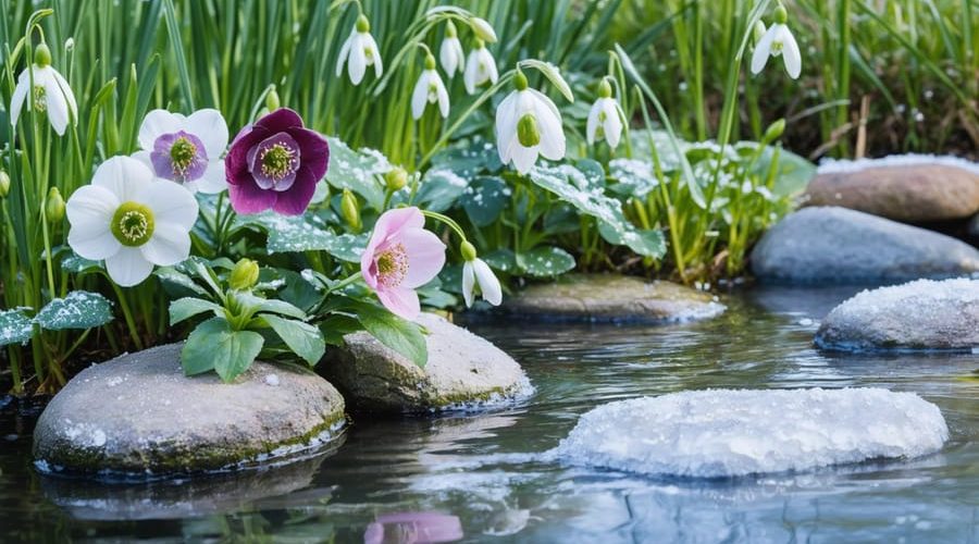 A winter pond adorned with vibrant Hellebores in shades of white, pink, and purple, surrounded by snowdrops and bright yellow winter aconites, reflecting on the water's icy surface.