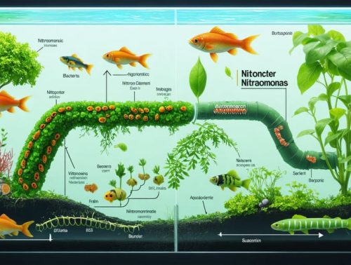 Conceptual illustration of beneficial bacteria transforming fish waste into nutrients in an aquaponics system, showcasing the nitrogen cycle and interactions between Nitrosomonas, Nitrobacter, fish, and plants.