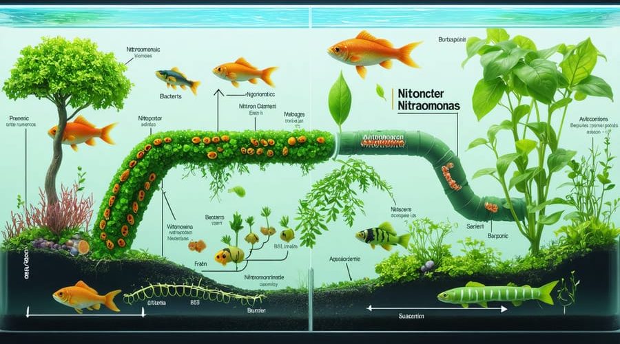 Conceptual illustration of beneficial bacteria transforming fish waste into nutrients in an aquaponics system, showcasing the nitrogen cycle and interactions between Nitrosomonas, Nitrobacter, fish, and plants.