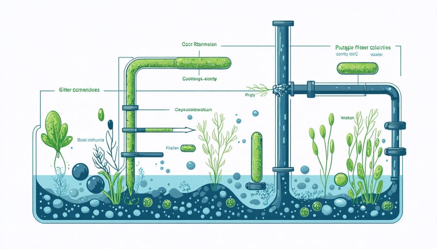 Cross-section diagram of a pond biological filtration system with labeled components