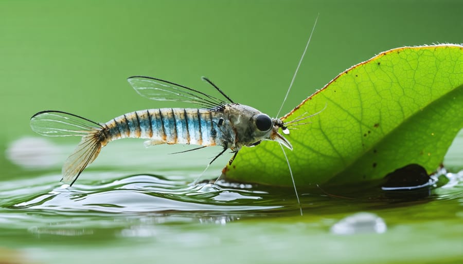 Beneficial fish consuming pest insects in a clear water garden environment