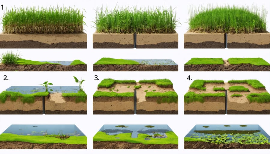 Sequential images showing the construction process of a bog filter with gravel, plants, and water flow