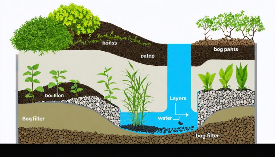 Detailed illustration of a pond bog filter system with labeled components and water flow direction