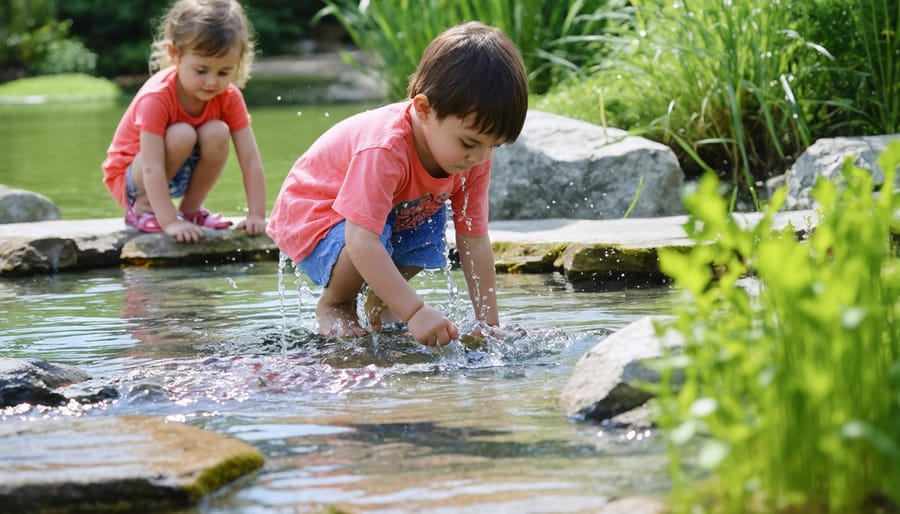 Group of children examining water plants and pond life with an educator