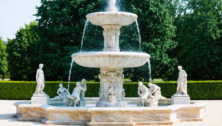 Large traditional three-tiered marble fountain with cherub sculptures and cascading water