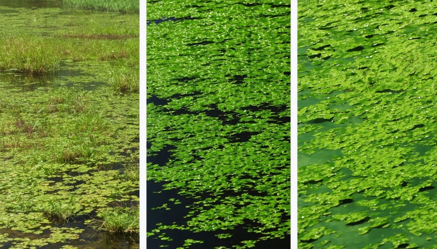 Side-by-side comparison of three common invasive pond plants: duckweed, watermilfoil, and algae