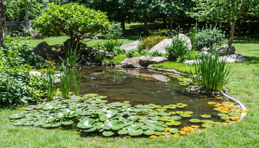 Established garden pond featuring shallow margins, deep water, and border plants with visible wildlife activity