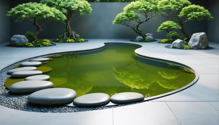 Curved zen pond in crescent moon shape with natural stone edging