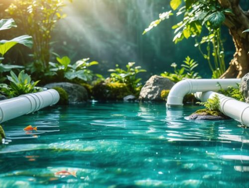 Conceptual illustration of a backyard pond with clear water, showcasing elements of a DIY bio-filter system including PVC pipes and filter media, alongside healthy plants and fish.