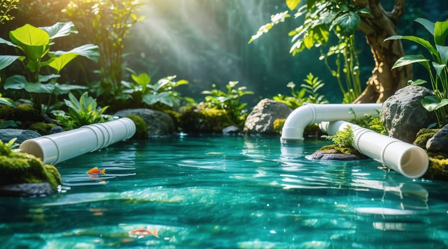 Conceptual illustration of a backyard pond with clear water, showcasing elements of a DIY bio-filter system including PVC pipes and filter media, alongside healthy plants and fish.