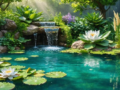 A beautifully maintained garden pond with clear water, vibrant aquatic plants, and a small fountain, emphasizing the importance of water quality and pond maintenance.