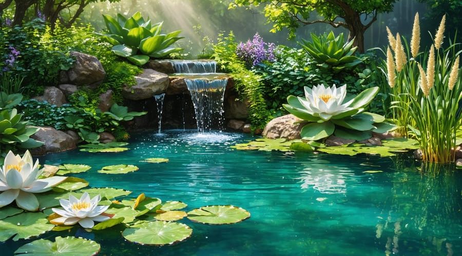 A beautifully maintained garden pond with clear water, vibrant aquatic plants, and a small fountain, emphasizing the importance of water quality and pond maintenance.